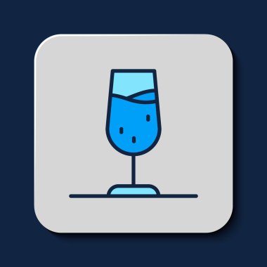 Doldurulmuş şarap kadehi simgesi mavi arkaplanda izole edilmiş. Şarap kadehi işareti. Vektör