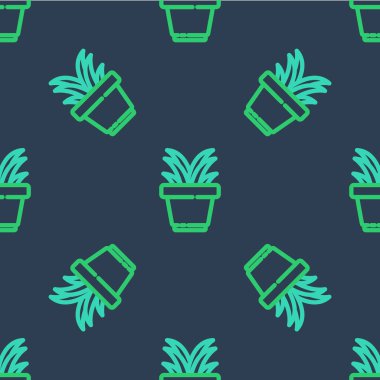 Çömlek ikonundaki Çizgi Bitkisi mavi arkaplandaki pürüzsüz deseni izole etti. Tencerede yetişen bir bitki. Saksı bitkisi işareti. Vektör