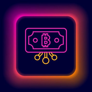 Parlak neon hattı Cryptocurrency bitcoin siyah arkaplanda izole edilmiş mikroçip devre ikonu ile daire içinde. Engelleme teknolojisi, dijital para piyasası. Renkli taslak konsepti. Vektör