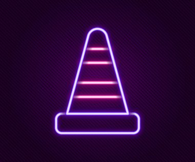 Parlayan neon hattı trafik konisi simgesi siyah arkaplanda izole edildi. Renkli taslak konsepti. Vektör