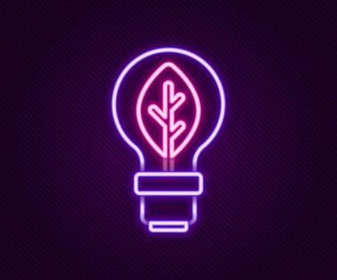 Siyah zemin üzerinde yaprak simgesi olan parlak neon çizgisi ampul. Çevre enerjisi kavramı. Alternatif enerji kavramı. Renkli taslak konsepti. Vektör