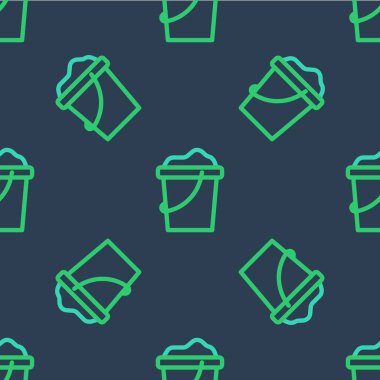 Kova simgesindeki çizgi kumları mavi arka plandaki kusursuz deseni izole etti. Plastik çocuk oyuncağı. Yaz ikonu. Vektör