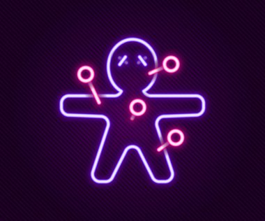 Glowing neon line Voodoo doll icon isolated on black background. Happy Halloween party. Colorful outline concept. Vector