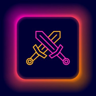 Parlayan neon hattı siyah arka planda izole edilmiş ortaçağ kılıç simgesini geçti. Ortaçağ silahı. Renkli taslak konsepti. Vektör