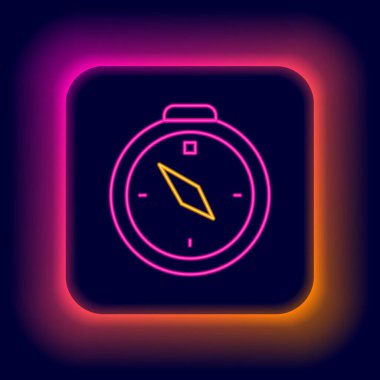 Parlayan neon hattı pusula simgesi siyah arkaplanda izole edildi. Rüzgâr yön bulma sembolü. Rüzgar gül işareti. Renkli taslak konsepti. Vektör