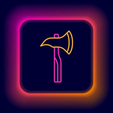 Parlayan neon hattı itfaiyeci balta simgesi siyah arka planda izole edildi. Yangın baltası. Renkli taslak konsepti. Vektör