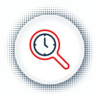 Beyaz zemin üzerinde saat simgesi olan çizgi büyüteci. Saat araması. Renkli taslak konsepti. Vektör