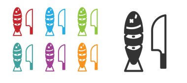 Kesilmiş bıçaklı siyah balıklar beyaz arka planda izole edilmiş. Simgeleri renklendirin. Vektör.