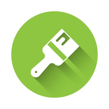 Beyaz boya fırça simgesi uzun gölge arkaplan izole. Yeşil daire düğmesi. Vektör