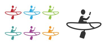 Siyah kano ve kürek simgesi beyaz arkaplanda izole edildi. Balıkçılık ve turizm için kano. Açık hava aktiviteleri. Simgeleri renklendirin. Vektör