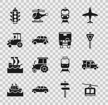 Kablo TV, Minibus, trafik levhası, tren ve tren yolu, Hatchback, traktör, trafik ışığı ve otobüs ikonu ayarlayın. Vektör