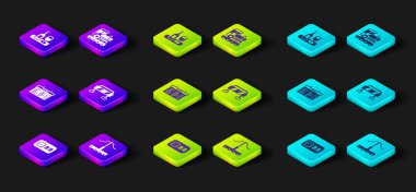 Elektrik prizi, tren istasyonu, yol bariyeri, klasik lokomotif ve cam ikonlu şarap şişesi. Vektör