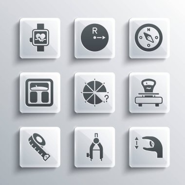 Çizim pusulası, yaklaşık ölçüler, ölçüler, parçalar çemberi, mezura, banyo terazisi, akıllı saat ve pusula simgesi ayarla. Vektör