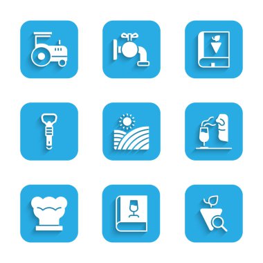 Üzüm bağları, üzümler hakkında kitap, üzümler, şarap garsonu, şef şapkası, şişe açacağı ve traktör ikonu. Vektör