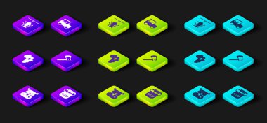 Gergedan, yürüyüş çantası, Afrika haritası, tahta balta, Safari arabası ve örümcek ikonu. Vektör