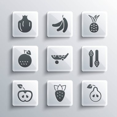 Çilek, armut, kuşkonmaz, bezelye, elma, portakal, nar ve ananas ikonu. Vektör