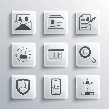 Arama işini ayarla, Üretici İnsan, Arama için büyüteç, Kullanıcı koruması, Değişim işi, Proje ekibi üssü ve Devam simgesi. Vektör