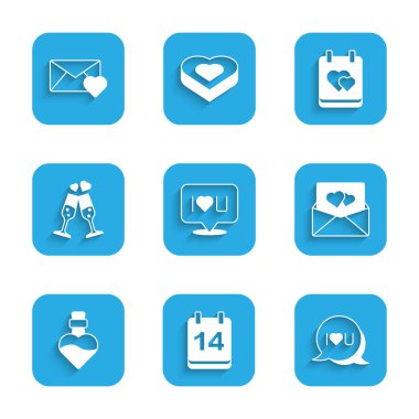 Konuşma baloncuğu metni, seni seviyorum, Takvim 14 Şubat, Zarif Sevgililer Günü kalbi, Şişe iksiri, bir bardak şampanya ve ikon. Vektör