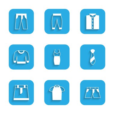 Set Kadını elbisesi, Polo gömleği, kısa pantolon, kravat, etek, kazak, gömlek ve pantolon ikonu. Vektör