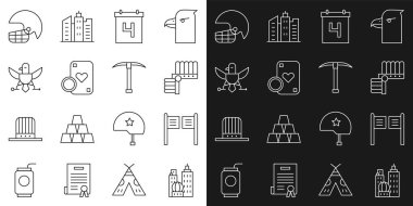 Set hattı şehir manzarası, salon kapısı, tüylü Hint başlığı, 4 Temmuz tarihi, kumarhane fişi oyun kartları, Kartal, Amerikan futbol kaskı ve kazma ikonu. Vektör