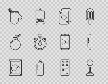 Çizgi resim manzarası, oyun makinesi için Joystick, iskambil kağıdı, kum torbası, fırın eldiveni, Stopwatch, Domino ve Rolling pin ikonu. Vektör