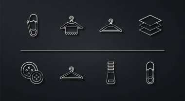 Hat güvenlik iğnesi, dikiş düğmesi, katman giyim tekstili, fermuar, gardırop ve ikon. Vektör