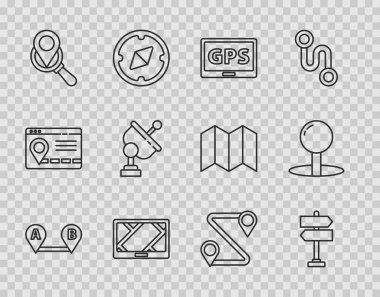 Hat güzergahını, trafik işaretini, haritalı GPS cihazını, Arama, Radar ve pin simgesini ayarla. Vektör