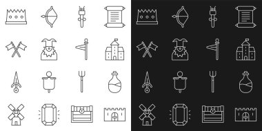 Ortaçağ kale kapısı, eski şarap şişesi kale, kale, meşale ateşi, Joker kafası, çapraz ortaçağ bayrağı, kral tacı ve ikonu. Vektör