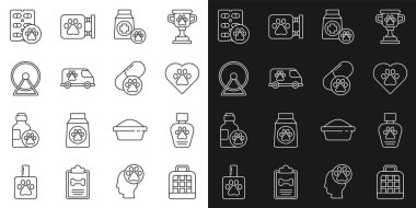 Hayvan taşıma çantası, şampuan, hayvan ayak izi olan kalp, yiyecek çantası, veteriner ambulansı, hamster tekerleği, köpek hapı ve ikon. Vektör