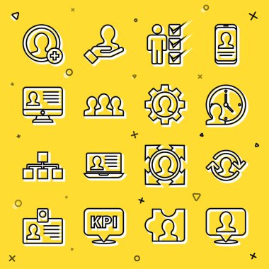 Kişiyle, İnsan Kaynakları, Zaman Yönetimi, iş elbisesi kullanıcısı, Kullanıcı grubu, Monitör özgeçmişi, hesap ekranı ve dişli simgesi oluşturun. Vektör