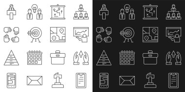 Kontrol listesi, Eğitim, Sunum, Planlama Strateji Konsepti, Hedef Ok, Proje takım tabanı, Sahne standı veya Tribün ve Katlanmış Harita konum simgesine sahip çizgi panosunu ayarla. Vektör