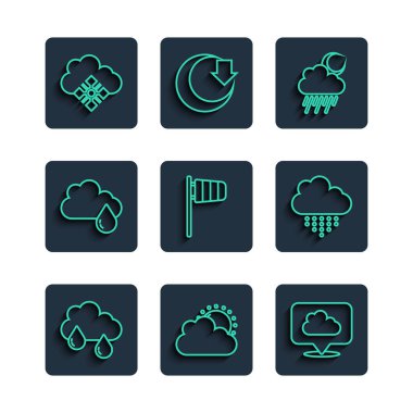 Bulut 'u yağmur, güneş ve bulut havası, konum, ay, koni rüzgâr değirmeni, kar ve ikon ile belirleyin. Vektör