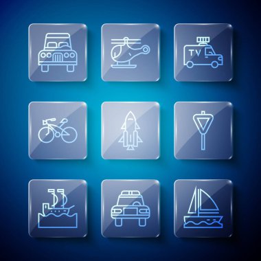 Yelkenli, polis arabası ve teşhirci, yat yelkenlisi, TV haberleri, ateşli roket gemisi, bisiklet, trafik levhası ikonu. Vektör