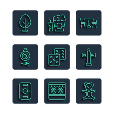 Hokey masası, atış poligonu, peluş oyuncak, sandalyeli piknik, oyun zarları, klasik dart tahtası ve ok, Ağaç ve Yol trafik levhası simgesi. Vektör