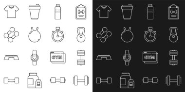 Set hattı Dumbbell, Kettlebell, Fitness Shakeer, tişört ve Stopwatch ikonu. Vektör