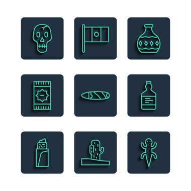 Set hattı Burrito, Kaktüs, Kertenkele, tekila şişesi, puro, Meksika halısı, Kafatası ve ikon. Vektör