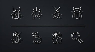 Çizgi Böcek, Koku, Böcek Sineği, Solucan, Örümcek, Büyüteç ve Hamamböceği ikonu. Vektör