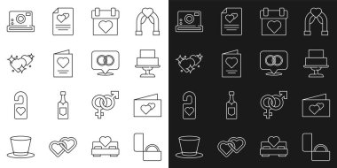 Elmas nişan yüzüğü, tebrik kartı, düğün pastası, takvim, İki Bağlı Kalp, fotoğraf makinesi ve yüzük ikonu. Vektör