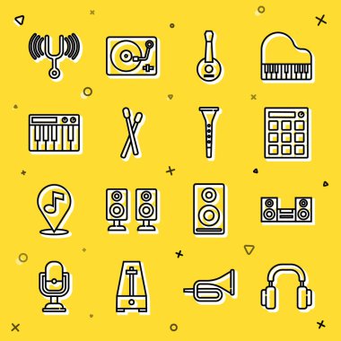 Set hattı kulaklıkları, ev teybi, davul makinesi, Banjo, bagetler, müzik sentezleyicisi, müzikal ayar çatalı ve klarnet simgesi. Vektör