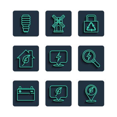 Hat aküsü, yapraklı konum, kağıt torba geri dönüşümü, yıldırım, çevre dostu ev, LED ampul ve ikon. Vektör