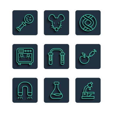 Çizgi mıknatıs, tüp ve matara, mikroskop, DNA sembolü, biyo-sosyal kutu, büyüteç altında mikroorganizmalar ve genetik olarak değiştirilmiş elma ikonu. Vektör