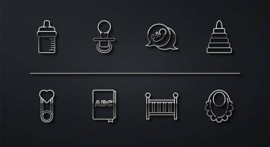 Set hattı Bebek şişesi, kıyafet iğnesi, piramit oyuncağı, beşik beşiği, ABC kitabı, sahte emzik, önlük ve simge. Vektör