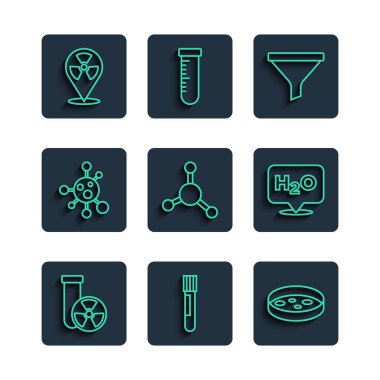 Hat Test tüpü radyasyonunu, matarayı, bakteri, huni veya filtre içeren petri kabını, molekül, radyoaktif ve H2O simgesi için kimyasal formülü ayarlayın. Vektör