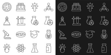 Tüpü ve matarayı, şişedeki zehri, radyasyonu, kimyasal patlamayı, ayakta durmayı, alkolü veya ruh yakıcıyı, bakteri ve ikonlu Petri kabını hazırlayın. Vektör