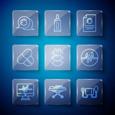 Hat monitörünü kardiyogram, sedye, kan basıncı, klinik kayıt, insan omurgası, ilaç tableti, doktor ve kalp atış hızı ikonu ile ayarla. Vektör