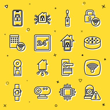 Hat alarm zilini, kablosuz internet ağını, su sensörünü, elektrikli diş fırçasını, termostatı, hava nemlendiriciyi, dijital kapı kilidini ve akıllı ev simgesini taşıyan mobil telefonu ayarla. Vektör