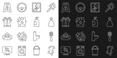 Sünger, tuvalet fırçası, çöp torbası, pencereler için lastik temizleyici, ev temizleme servisi, eldivenler, ıslak zemin ve bulaşık deterjanı ikonu. Vektör