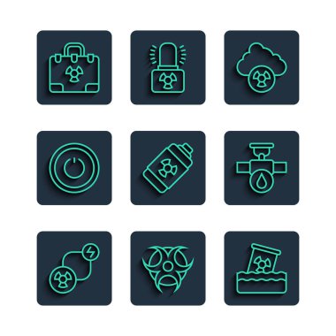 Radyoaktif değişim enerjisi, biyolojik tehlike sembolü, varildeki atık asit yağmuru ve radyoaktif bulut, nükleer pil, güç düğmesi, radyasyon nükleer valizi ve sanayi boru vanası ikonu. Vektör