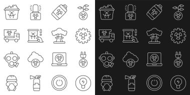 Fikir kavramına sahip çizgi lambası, Radyasyon elektrik prizi, Radyoaktif, Nükleer enerji bataryası, fıçıdaki atık, Kamyon radyasyon malzemeleri, Bulaşıcı ve Patlama ikonu. Vektör