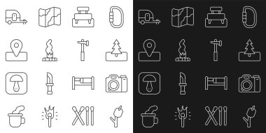 Çubukta marshmallow, fotoğraf makinesi, Tree, Bench, Kamp ateşi, kamp yeri, karavan ve çekiç ikonu. Vektör